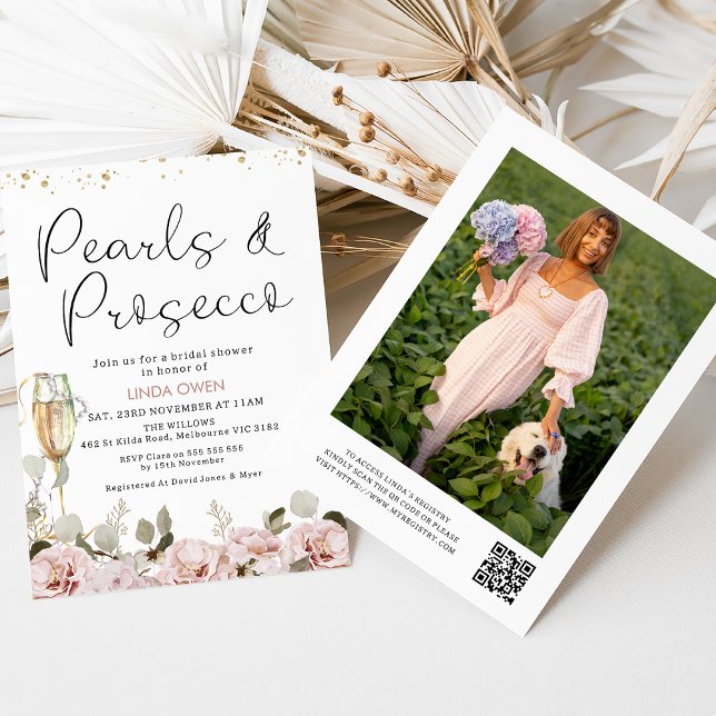 Blush Floral Pearls Prosecco QR Code Bridal Shower Invitation (Boho blush floral pearls and prosecco bridal shower invitation with glass, pearls and QR code. )
