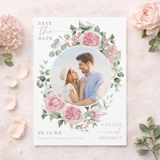 Blush Floral Peonies and Roses Photo Save The Date Invitation