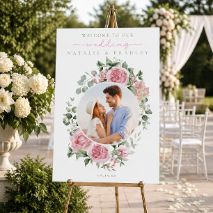 Blush Floral Peonies Photo Wedding Welcome Sign