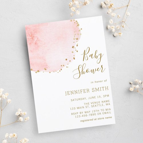 Blush Floral Petal Gold Glitter Dots Baby Shower Invitation