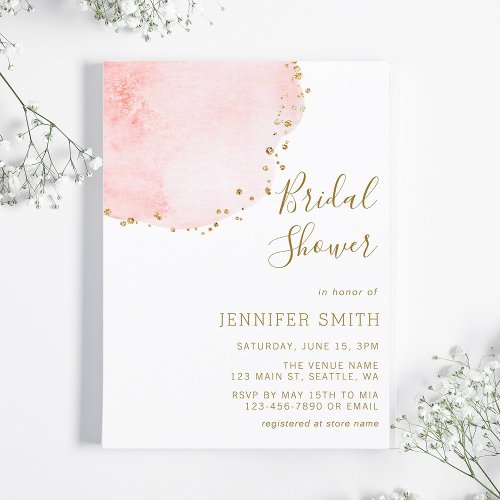 Blush Floral Petal Gold Glitter Dots Bridal Shower Invitation