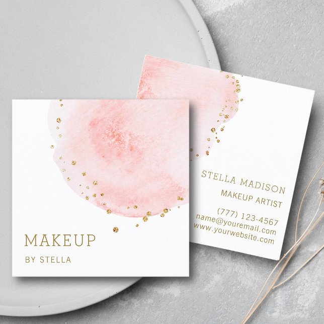 Blush Floral Petal Gold Glitter Dots Square Business Card (Front & Back)