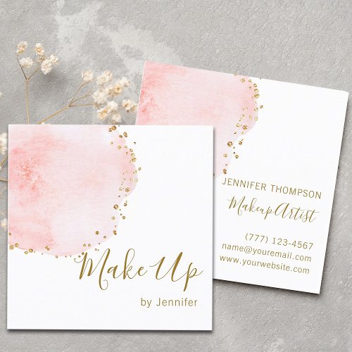 Blush Floral Petal Gold Glitter Dots Square Business Card