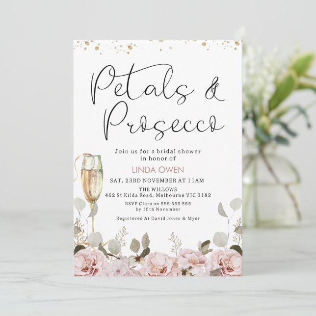Blush Floral Petals and Prosecco Bridal Shower Invitation (Standing Front)