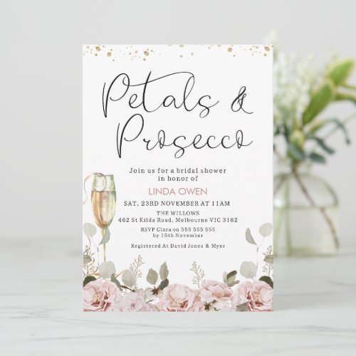 Blush Floral Petals and Prosecco Bridal Shower Invitation