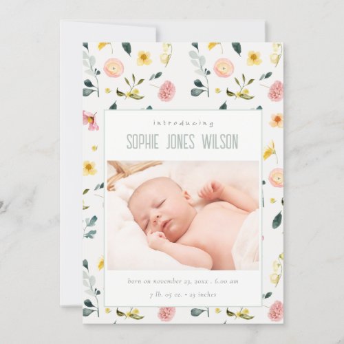 Blush Floral Photo Baby Girl Birth Announcement