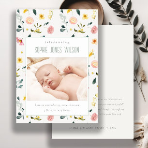 Blush Floral Photo Baby Girl Birth Announcement