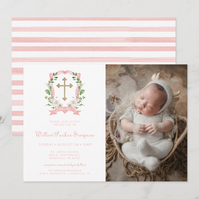 Blush Floral Photo Baptism Invitation (Front/Back)