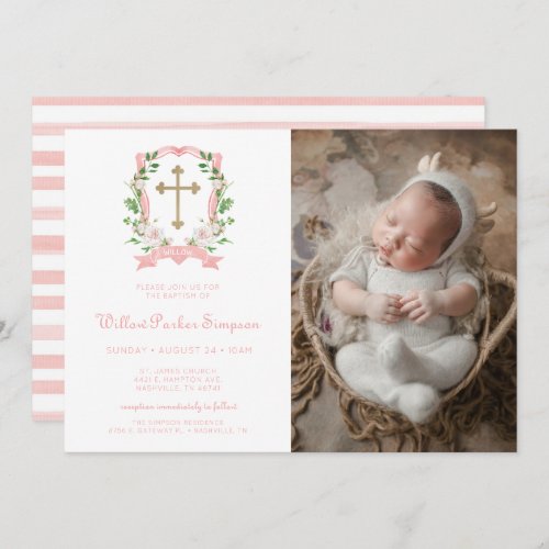 Blush Floral Photo Baptism Invitation