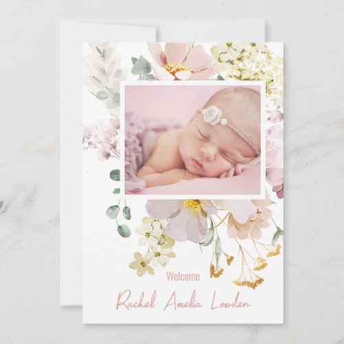 Blush Floral Photo Birth Announcement Card