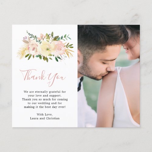 Blush Floral Photo Budget Wedding Thank You Card