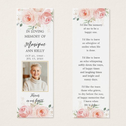 Blush Floral Photo Funeral Memorial Bookmark