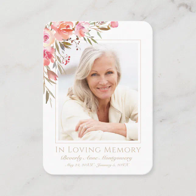 Blush Floral Photo Sympathy Funeral Memorial Card | Zazzle