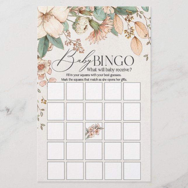 blush floral pink baby shower baby bingo game  (Front)