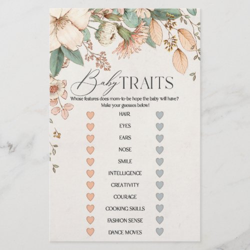 blush floral pink baby shower baby traits game 