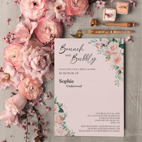 Blush Floral Pink Brunch And Bubbly Bridal Shower Invitation