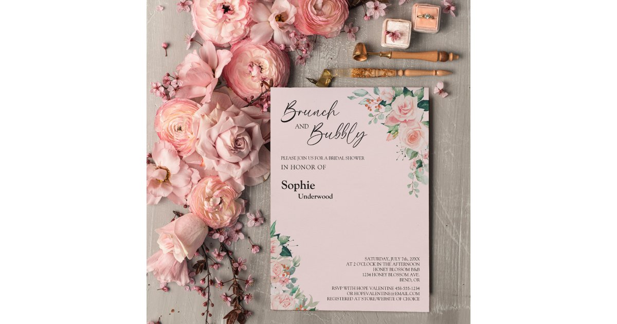 Blush Floral Pink Brunch And Bubbly Bridal Shower Invitation | Zazzle