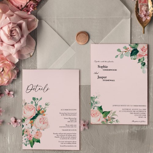 Blush Floral Pink Details All In One Wedding Invitation