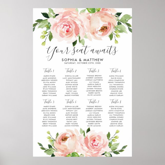 Blush Floral  Pink Flowers Wedding Seating Chart (Front)