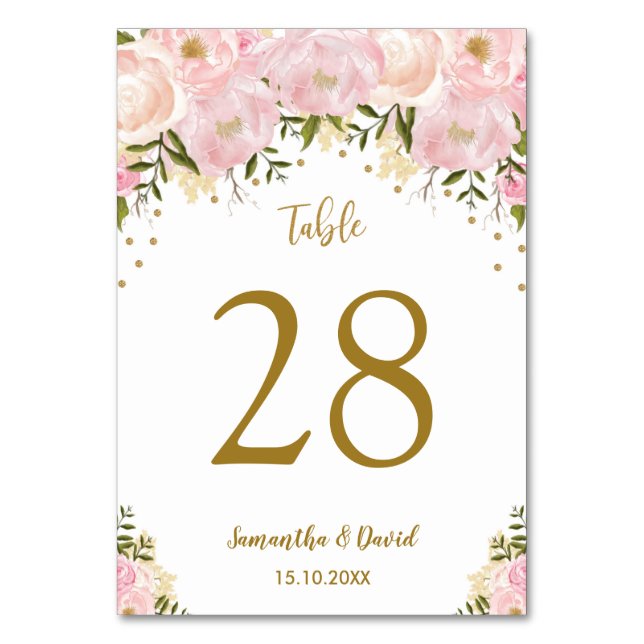 Blush Floral Pink Gold Wedding Table Number (Front)