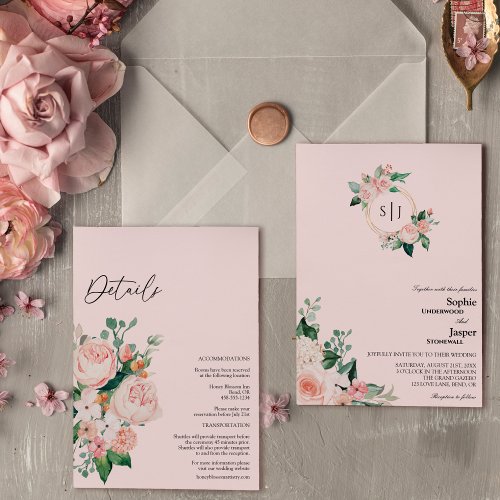 Blush Floral Pink Monogram All In One Wedding Invitation