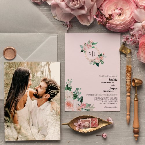 Blush Floral Pink Monogram Photo Wedding Invitation