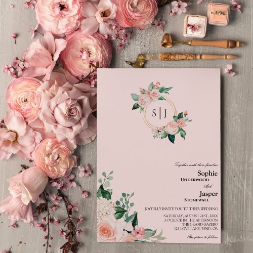 Blush Floral Pink Monogram Wedding Invitation