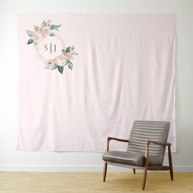 Blush Floral Pink Monogram Wedding Photo Backdrop (In Situ (Horizontal))