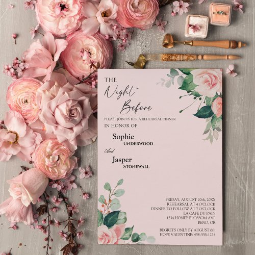 Blush Floral Pink Night Before Rehearsal Dinner Invitation