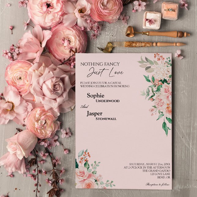 Blush Floral Pink Nothing Fancy Just Love Wedding Invitation (Creator Uploaded)