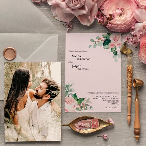 Blush Floral Pink Photo Wedding Invitation