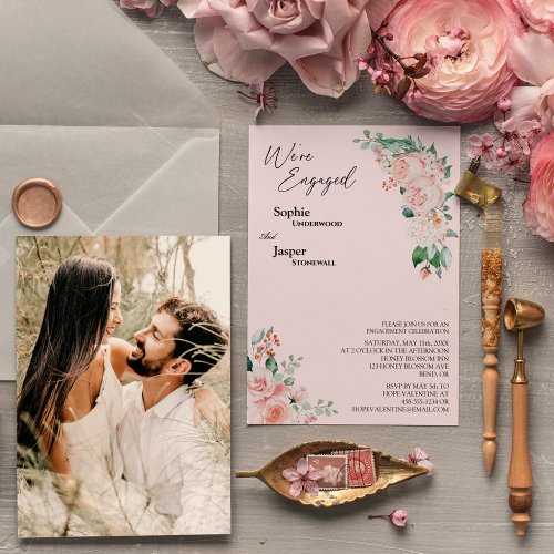Blush Floral Pink Photo Were Engaged Invitation