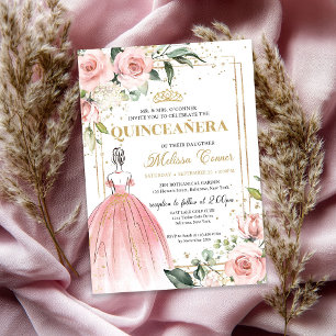 Blush floral pink princess dress gold tiara 15th invitation