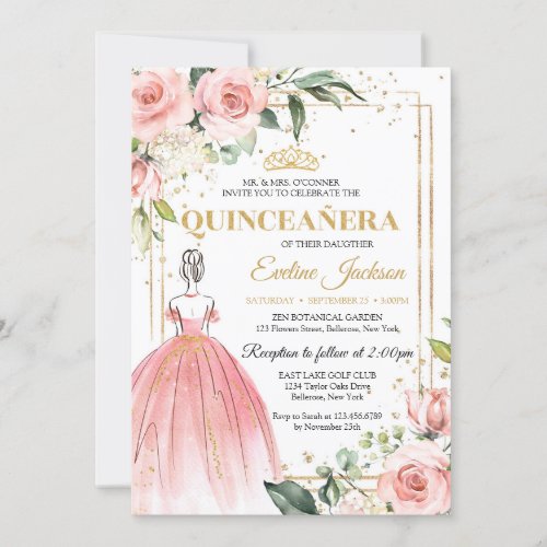 Blush floral pink princess dress gold tiara 15th invitation