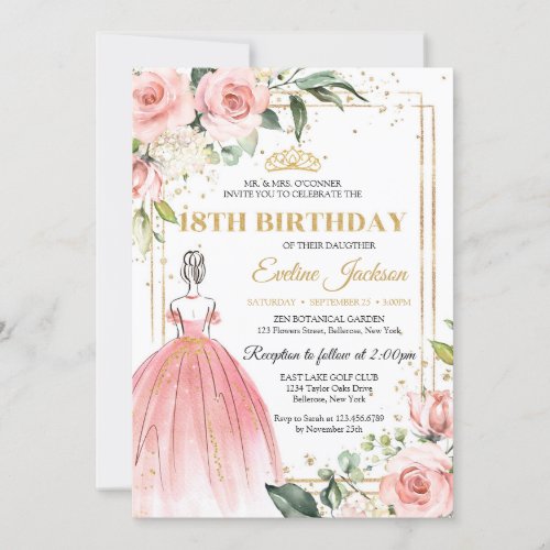 Blush floral pink princess dress gold tiara 18th invitation