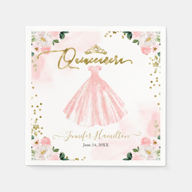 Blush Floral Pink Quinceanera Napkins (Front)