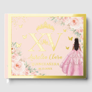 Blush Floral Pink Quinceañera Quince 15 XV Gold Foil Guest Book