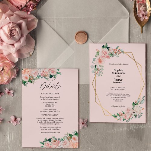 Blush Floral Pink Simple All In One Wedding Invitation
