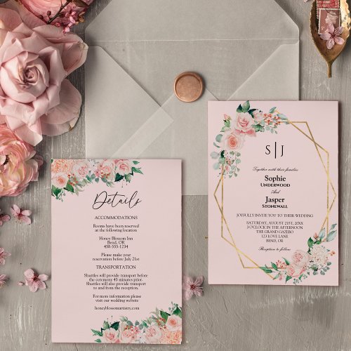 Blush Floral Pink Simple Monogram Details Wedding Invitation