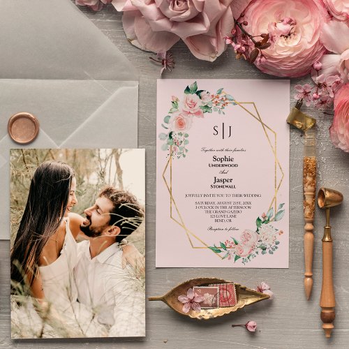 Blush Floral Pink Simple Monogram Photo Wedding Invitation