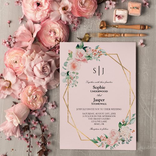 Blush Floral Pink Simple Monogram Wedding Invitation