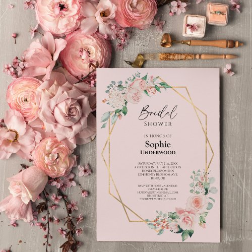 Blush Floral Pink Simple Wedding Bridal Shower Invitation