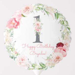 Blush Floral Pink Stripe 1st Birthday Balloon