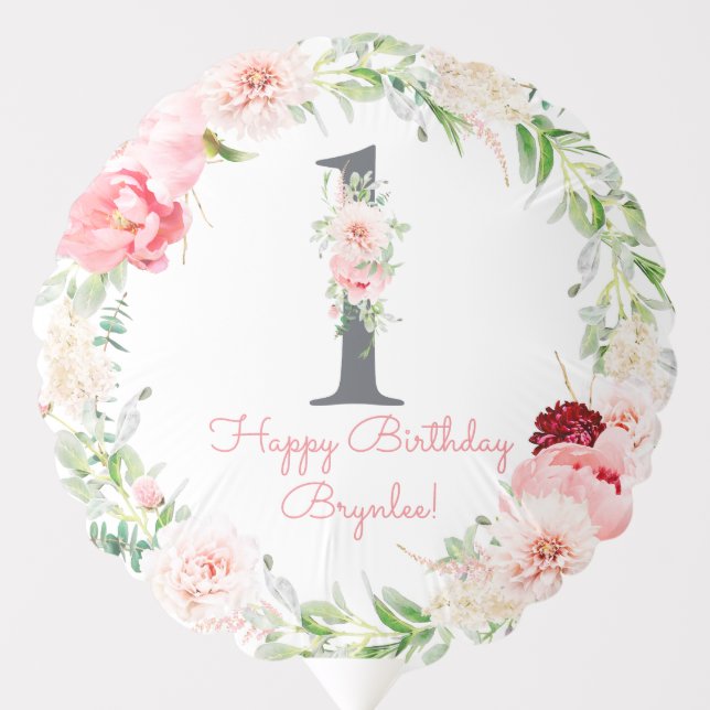 Blush Floral Pink Stripe 1st Birthday Balloon (Front)
