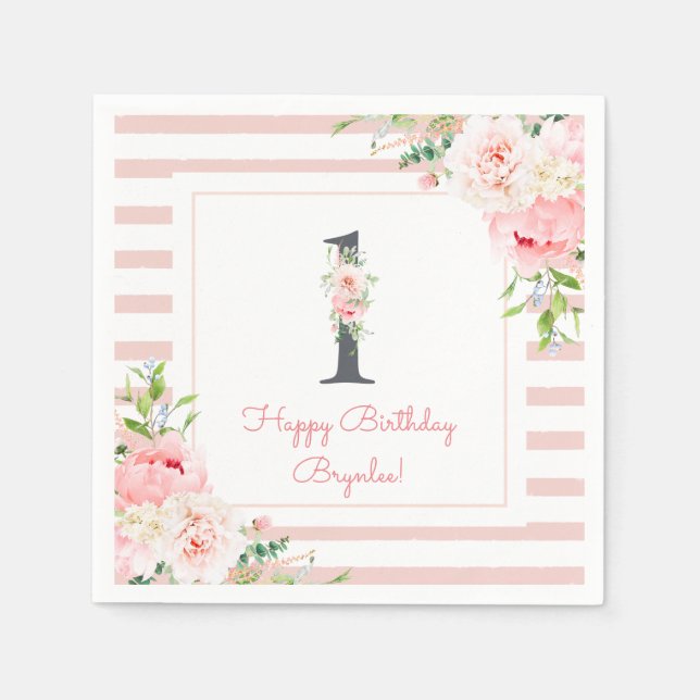 Blush Floral Pink Stripe 1st Birthday Party Napkins (Front)