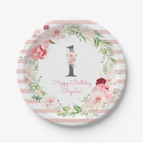 Blush Floral Pink Stripe 1st Birthday Party Paper Plates