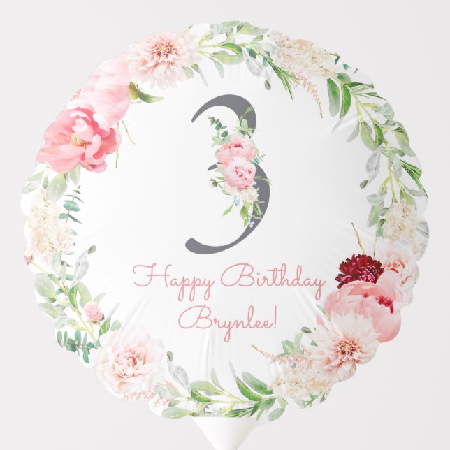 Blush Floral Pink Stripe 3rd Birthday Balloon (Front)