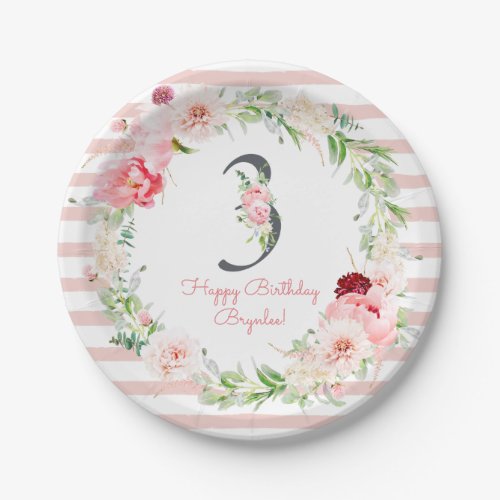 Blush Floral Pink Stripe 3rd Birthday Party Paper Plates