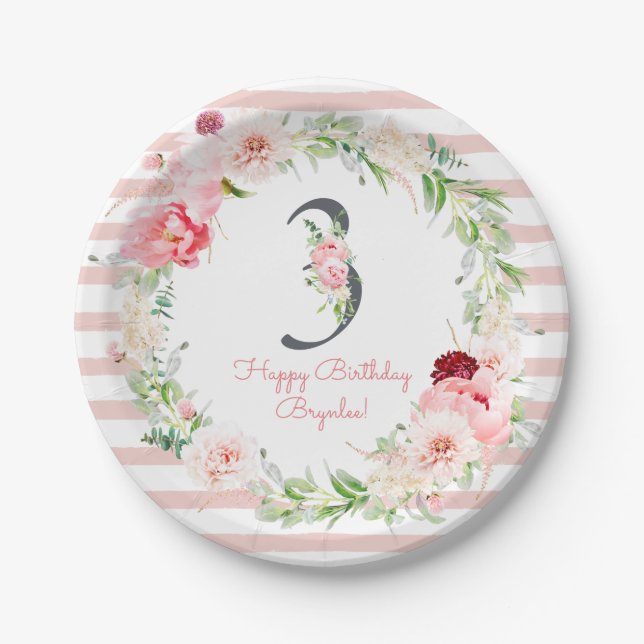 Blush Floral Pink Stripe 3rd Birthday Party Paper Plates (Front)