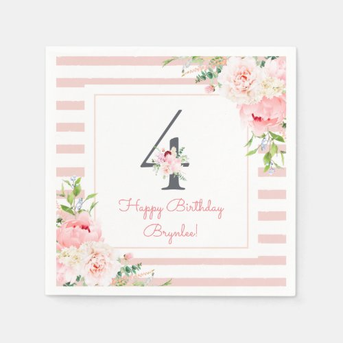 Blush Floral Pink Stripe 4th Birthday Party Napkins